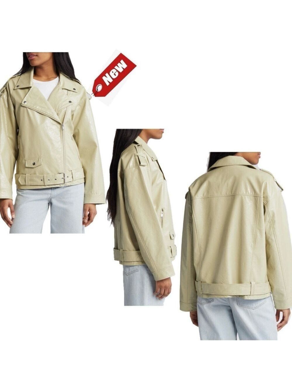 NOISY MAY Kane Paulina Faux Patent PU Leather Moto Biker Jacket beige cream M